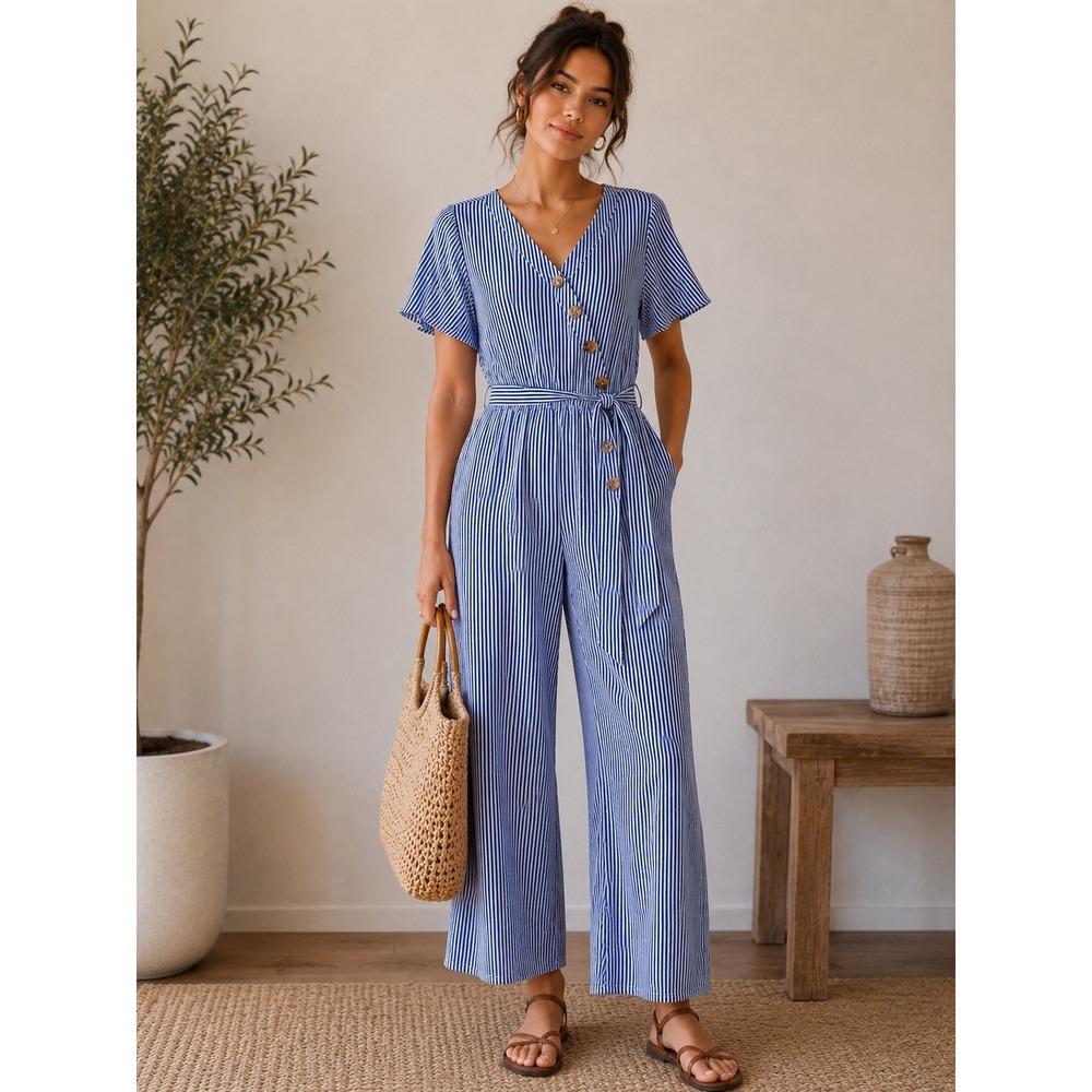 NAÏF Striped Jumpsuit Wide Leg Button‎ Detail Women M Blue White Coastal Summer